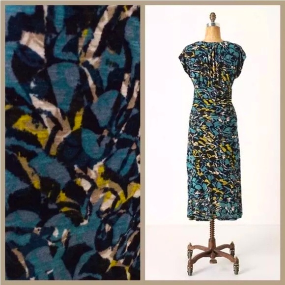 Anthro Moulinette Soures Abstract Print Faux Wrap Ruched Midi Dress - Picture 2 of 8